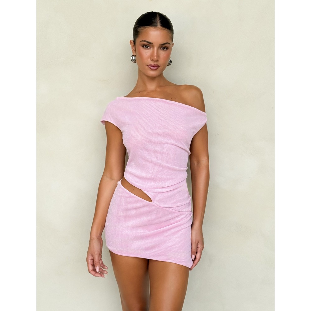 Tiger Mist Pink Shimmer Cutout Mini Dress Cowl Neck Asymmetrical XS